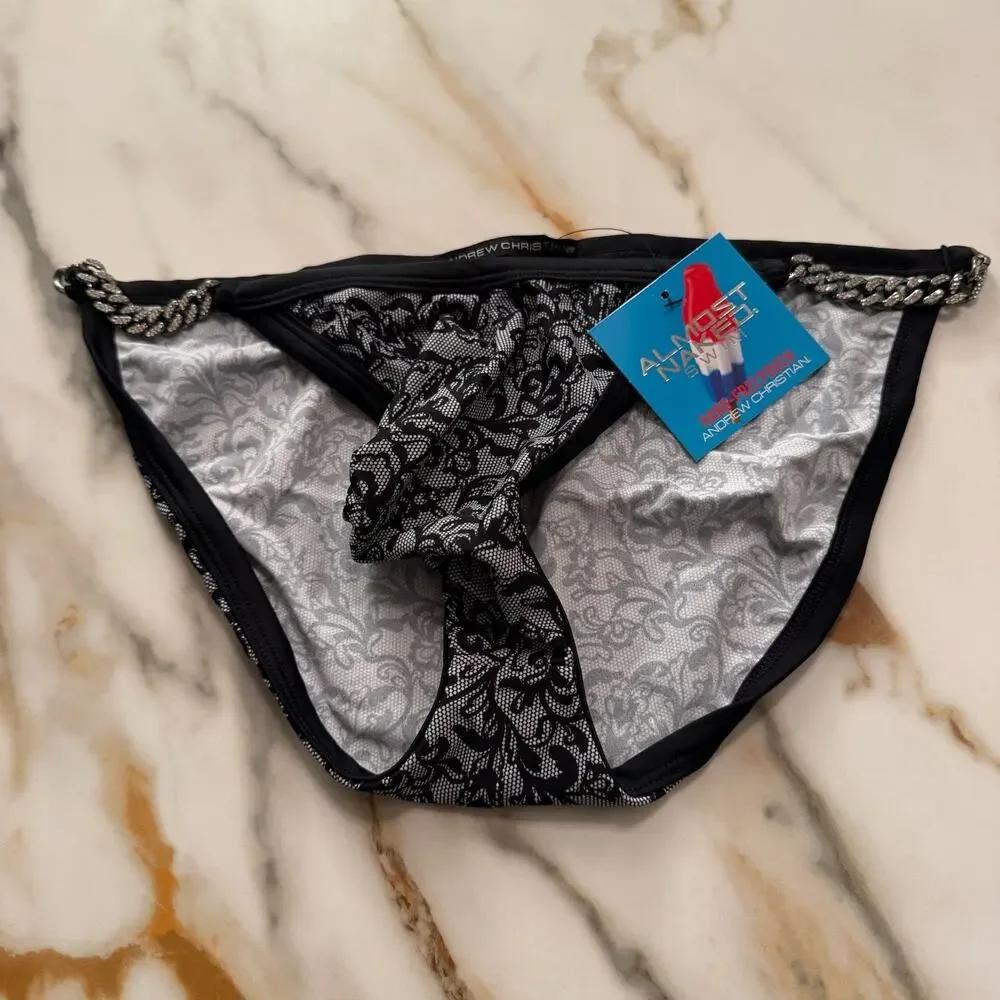 NEW Andrew Christian Chain Lace Bikini Swim Bikini Black White Size Large